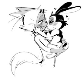 anthro blush blush_lines bodily_fluids carrying_another duo eyes_closed fangs fur hair half-closed_eyes hand_on_face heart_symbol holding_another kiss_on_lips kissing long_ears looking_at_another love male male/male narrowed_eyes romantic romantic_couple scut_tail sharp_teeth short_tail side_view standing sweat tail teeth viat_on bunnicula_(series) bunnicula chester_(bunnicula) domestic_cat felid feline felis lagomorph leporid mammal rabbit siamese_cat vampire 2026 digital_media_(artwork) monochrome
