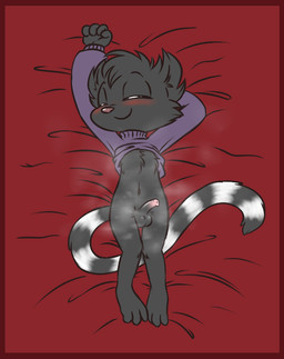 animal_genitalia animal_penis anthro balls biped bird's-eye_view black_body black_fur blush blush_lines border bottomless bottomless_male closed_smile clothed clothing eyebrows eyes_closed fur genitals half-erect head_tuft high-angle_view long_tail lying male mouth_closed musk navel on_back penis pink_nose red_border smile solo sweater tail topwear tuft turtleneck young young_anthro young_male furcollector chian_(furcollector) lemur mammal primate ring-tailed_lemur strepsirrhine 2026