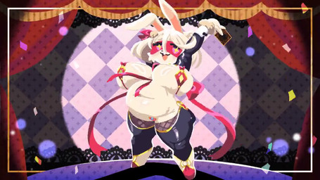 anthro belly big_belly big_breasts bikini bikini_top breasts clothed clothing confetti curtains deep_navel female footwear hair magician mask navel one_eye_closed overweight overweight_anthro overweight_female ribbons shoes skimpy smile solo swimwear thick_thighs two-piece_swimsuit white_body white_hair wide_hips wink yu-gi-oh_card lp8000mao yu-gi-oh! lagomorph leporid mammal rabbit 16:9 2d_animation animated motion_tweening no_sound short_playtime video widescreen