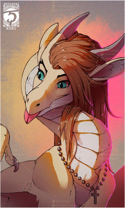 blep blue_eyes border brown_hair christian_cross christian_symbol claws cross eyebrows eyelashes female feral forked_tongue hair horn jewelry necklace religion religious_symbol scales solo tongue tongue_out ventral_scales white_body white_border wing_claws wings shinerai christianity european_mythology mythology dragon mythological_creature mythological_scalie scalie western_dragon 2021 3:5 digital_media_(artwork) hi_res