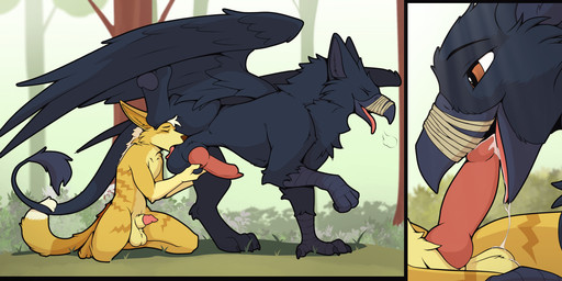 animal_genitalia anthro anthro_on_feral ball_lick balls beak beak_fetish beak_play beak_sex beakjob bestiality black_body black_feathers black_fur bodily_fluids breath claws cum digitigrade duo erection feathers fellatio feral finger_claws forest fur genital_fluids genitals half-erect holding_balls kneeling knot knotted_penis licking male male/male male_anthro male_feral male_on_feral nude oral orgasm outside penile penis plant quadruped raised_leg scuted_arms scutes sex sheath tongue tongue_out tree colrblnd mythology duzt_(character) joot_(character) aardwolf avian gryphon hyena mammal mythological_avian mythological_creature hi_res