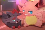 ambiguous_gender annoyed anthro black_body black_fur blue_eyes chibi detailed_background duo feral fur grin inside looking_at_another pink_body pink_fur smile smug hirochanu nintendo palworld pocketpair pokemon cattiva generation_5_pokemon pal_(species) pokemon_(species) zorua 3:2 crossover hi_res