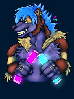 ambiguous_gender anthro blue_hair grin hair male neon party rave silly smile solo beef_brat gulonine mammal mustelid musteline wolverine absurd_res hi_res