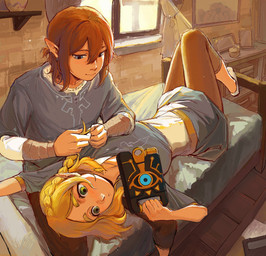 bed blue_eyes bottomwear clothing detailed_background duo ear_piercing ear_ring female furniture green_eyes hair humanoid_pointy_ears lying male not_furry on_back on_bed pants piercing pointy_ears ring_piercing sheikah_slate shirt short_hair sitting smile tablet_computer topwear window senzo6700 breath_of_the_wild nintendo the_legend_of_zelda link princess_zelda elf humanoid hylian hi_res