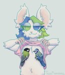 anthro big_ears clothed clothing clothing_lift female fur heterochromia humor pun shirt shirt_lift solo split_color_hair topwear white_body white_fur twomornings kyt_(twomornings) avian bird eurasian_blue_tit great_tit mammal mouse murid murine oscine passerine rodent tit_(bird)