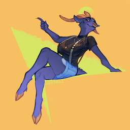 anthro big_breasts black_clothing black_shirt black_topwear bottomwear breasts clothing colored_nails crossed_legs facial_piercing female freckles fur gesture gold_(metal) gold_jewelry gold_necklace hand_gesture hooves horn jewelry nails necklace nose_piercing nose_ring piercing pointing purple_body purple_fur ring_piercing shirt shorts simple_background sitting solo suspenders tail topwear yellow_background yellow_eyes yellow_hooves yellow_horn yellow_nails grrnele brynn_(lupinator) bovid caprine goat mammal 1:1 hi_res