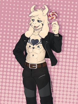 abs anthro belt black_bottomwear black_clothing black_jacket black_jeans black_markings black_pants black_topwear bottomwear clothing denim denim_bottomwear denim_clothing jacket jeans leather leather_clothing leather_jacket leather_topwear male markings muscular pants pattern_background pink_background simple_background smile smiling_at_viewer smirk smirking_at_viewer solo tongue topwear hfurkerman undertale undertale_(series) asriel_dreemurr_(god_form) bovid caprine caprine_demon demon goat goat_demon mammal hi_res