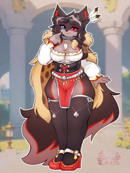 animal_print anthro big_breasts breasts clothed clothing dirndl female footwear hair heterochromia leopard_print loin_dress looking_at_viewer shoes simple_background smile solo tail text tasticstarlight sol_evernight canid canine canis mammal wolf 2025 3:4 artist_name dated hi_res