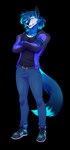 anthro blue_body blue_bottomwear blue_clothing blue_footwear blue_fur blue_highlights blue_jacket blue_jeans blue_pants blue_shoes blue_tongue blue_topwear bottomwear clothing crossed_arms denim denim_bottomwear denim_clothing footwear fur highlights_(coloring) jacket jeans looking_aside male navy_shirt orange_eyes pants shoes tongue topwear juneaupaws alexander_thunderwolfe_(chrislshack1998) canid canine canis mammal wolf absurd_res alpha_channel hi_res