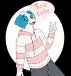 2015 aliasing anthro blue_body blue_eyebrows blue_eyes blue_fur bottomwear canid canine canis cel_shading clothed clothing dalmatian digital_drawing_(artwork) digital_media_(artwork) domestic_dog drawstring_hoodie english_text eyebrows floppy_ears fully_clothed fur gesture grey_bottomwear grey_clothing grey_pants grey_sclera half-length_portrait hand_gesture handwritten_text heart_symbol hoodie male mammal open_mouth open_smile pants pink_clothing pink_hoodie pink_nose pink_text pink_tongue pink_topwear portrait sebdoggo shaded simple_background smile snout solo speech_bubble text tongue topwear v_sign white_body white_fur