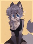 anthro black_nose blue_eyes breasts clothed clothing cute_fangs fangs female fluffy fluffy_tail fur glistening glistening_hair grey_body grey_fur grey_hair hair inner_ear_fluff looking_at_viewer oversized_clothing ponytail scar shirt simple_background smile solo tail tank_top teeth topwear tuft yellow_background kislix azra_(vex714) canid canine fox mammal 2024 3:4 absurd_res hi_res