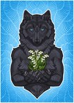 2022 5_fingers ambiguous_gender anthro black_body black_fur black_nose blue_eyes border canid canine canis claws digital_media_(artwork) fingers fur katie_hofgard looking_at_viewer mammal solo white_border wolf