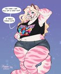 anthro big_breasts blonde_hair blue_eyes bottomwear breasts clothed clothing curvy_figure dialogue eyebrows female fingers fur hair hand_behind_head hotpants huge_breasts long_hair multicolored_body multicolored_fur navel open_mouth overweight overweight_anthro overweight_female pink_body pink_fur shorts solo speech_bubble standing tail teeth thick_thighs tongue voluptuous white_body white_fur wide_hips tiggybloom muppets marzipan_(spottedtigress) miss_piggy felid mammal pantherine tiger 2024 hi_res signature