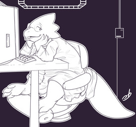 anthro biped buckteeth chair claws clothed clothing computer electronics eyewear female furniture glasses head_in_hands leaning leaning_forward looking_aside open_mouth simple_background sitting solo tail teeth thick_tail stormdragonblue undertale undertale_(series) alphys reptile scalie 2016 digital_drawing_(artwork) digital_media_(artwork) hi_res