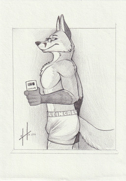 anthro athletic athletic_anthro athletic_male cheek_tuft chest_tuft closed_smile clothed clothing electronics eyewear facial_tuft glasses glistening glistening_eyes holding_object holding_phone looking_at_viewer male male_anthro mouth_closed pecs phone rectangular_glasses side_view simple_background smile solo standing topless tuft hufnaar canid canine fox mammal 2017 absurd_res dated hi_res monochrome sketch