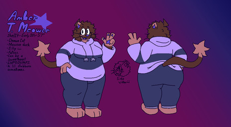 anthro arm_hair belly body_hair bottom_heavy bottomwear breasts clothing cute_fangs eyewear fangs front_view glasses gloves_(marking) gynomorph hand_on_hip hoodie intersex markings obese overweight pants pawpads purple_inner_ear purple_nose purple_pawpads purple_tongue rear_view slightly_chubby slightly_chubby_gynomorph slightly_chubby_intersex small_breasts solo star sweatpants tail teeth text thick_thighs tongue topwear whiskers felineflustered amber_(felineflustered) demon domestic_cat felid feline felis mammal model_sheet trans_(lore) trans_woman_(lore)