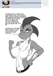 2018 anthro ask_blog belt big_breasts bracelet breasts choker clothing dark_june_(justathereptile) dialogue digital_media_(artwork) english_text female fist_pump grey_body grey_scales grey_skin greyscale herm_(lore) hi_res jewelry justathereptile komodo_dragon lizard looking_at_viewer monitor_lizard monochrome narrowed_eyes necklace non-mammal_breasts questions_and_answers reptile scales scalie scutes shirt simple_background solo tank_top text topwear watermark