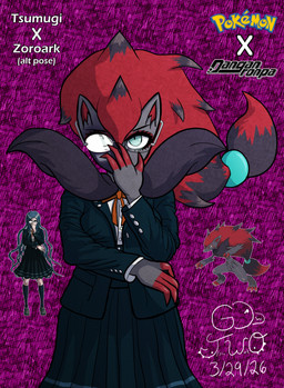 adjusting_glasses anime_glasses anthro blazer blue_eyes bottomwear bow_ribbon claws clothing dark_clothing eyeliner eyewear female fur gesture glare glasses hair hand_gesture hand_on_glasses makeup multicolored_body multicolored_fur neck_tuft pointing red_eyeliner red_hair skirt solo text tuft wearing_glasses go-two danganronpa danganronpa_v3 nintendo pokemon spike_chunsoft tsumugi_shirogane canid canine fox generation_5_pokemon human mammal pokemon_(species) zoroark absurd_res english_text hi_res reference_image