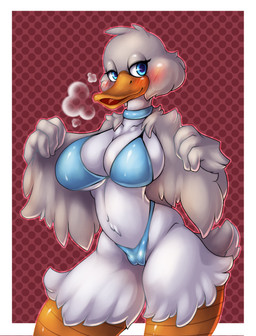 anthro beak bedroom_eyes bikini blue_eyes blush bra breasts breath camel_toe clothed clothing collar eyelashes feathers female front_view looking_at_viewer midriff narrowed_eyes non-mammal_breasts open_beak open_mouth panties pattern_background scutes seductive simple_background skimpy solo swimwear two-piece_swimsuit underwear white_body white_feathers yellow_beak azura_inalis metro-goldwyn-mayer tom_and_jerry mother_duck anatid anseriform avian bird duck 2021 absurd_res digital_media_(artwork) hi_res shaded