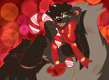anthro black_nose blush blush_lines bow_ribbon candy candy_cane dessert fangs food fur green_eyes grey_body grey_fur grey_hair hair happy holding_candy_cane holidays male open_mouth open_smile pink_blush pink_inner_ear pink_tongue plantigrade red_bow smile solo tail teeth tongue crownedvictory christmas wix_(skunkwix) mammal mephitid skunk striped_skunk 2024 absurd_res digital_drawing_(artwork) digital_media_(artwork) hi_res