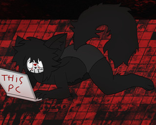 anthro black_body black_clothing black_fur boxers_(clothing) clothing computer electronics fur laptop male solo tail underwear white_eyes raganlier bloodrot_(raganlier) domestic_cat felid feline felis mammal 5:4 hi_res