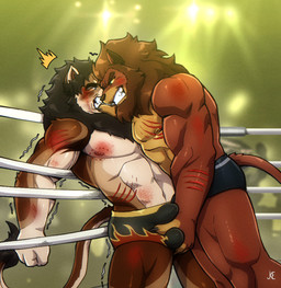 abs aggressive angry anthro aroused aroused_by_another aroused_face aroused_male audience ball_fondling ball_grab ball_squeeze balls balls_outline barazoku being_watched biceps big_bulge big_muscles big_pecs black_body black_fur black_mane blood blood_from_wound bodily_fluids briefs briefs_only brown_body brown_fur brown_mane bruised bruised_arm bruised_belly bruised_chest bruised_face bruised_leg bulge bulge_fondling bulge_grab bulge_rubbing challenge challenging cheering claws clenched_teeth clothed clothing competition crowd crowd_watching defeat defeat_sex defeated detailed_bulge dominant dominant_anthro dominant_male domination/submission duo erection erection_under_clothing erection_under_underwear eye_contact fight fighting_ring fist fondling frown fur genital_outline genitals glare glaring glaring_at_another glaring_at_partner grapple grappling group growling hand_on_balls holding_another's_balls holding_balls holding_bulge holding_partner's_balls imminent_sex leaning leaning_backward leaning_on_another looking_at_another looking_at_partner male male/male mane manhandling manly multicolored_body multicolored_fur muscular muscular_anthro muscular_arms muscular_male muscular_thighs nipples overhead_lighting pecs penis_outline rope scowl secretly_loves_it sexual_competition sexual_fight shaking stadium stadium_lighting standing submissive submissive_anthro submissive_male tail taunting taunting_partner teasing teeth tenting thick_arms thick_thighs topless topless_anthro topless_male tough_guy underwear underwear_only vibrating white_body white_fur wounded wrestler wrestlers wrestling wrestling_briefs wrestling_clothing wrestling_match wrestling_outfit kenji_blake felid feline lion mammal pantherine hi_res