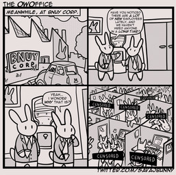 accessory ambiguous_gender anthro biped building censor_bar clothing computer detailed_background dialogue electronics group group_sex holding_object humor large_group necktie office orgy sex speech_bubble suit text savaj_bunny domestic_cat felid feline felis lagomorph leporid mammal rabbit 2021 absurd_res censored english_text hi_res monochrome