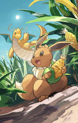 ambiguous_gender antennae_(anatomy) anthro brown_body brown_eyes brown_fur claws corn duo featureless_crotch feral food fur gesture holding_food holding_object membrane_(anatomy) membranous_wings open_mouth orange_body paws plant tail waving wings hakkentai_pkdn mythology nintendo pokemon dragon dragonite eevee generation_1_pokemon mythological_creature mythological_scalie pokemon_(species) scalie 2025 hi_res