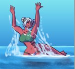 anthro bikini bikini_bottom bikini_top bottomwear breasts clothed clothing digital_drawing_(artwork) digital_media_(artwork) female fish hair hi_res humanoid marine marshbreeze outside shark simple_background single_strap single_strap_bikini_top single_strap_clothing single_strap_swimwear sky smile solo splash swimwear tail two-piece_swimsuit water