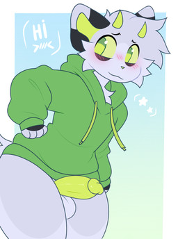 2_horns >///< anthro balls black_body black_eyebrows black_fur blush blush_lines border bottomless bottomless_anthro bottomless_male cat_smile cheek_tuft chest_tuft closed_smile clothed clothing dialogue dipstick_ears ear_markings erection eyebrows facial_tuft femboy fur genitals gradient_background green_clothing green_eyes green_hoodie green_horn green_nose green_penis green_sclera green_topwear grey_body grey_fur grey_hair grey_inner_ear hair hand_on_hip hoodie horn humanoid_genitalia humanoid_penis leaning leaning_forward looking_away male markings mouth_closed multicolored_ears partially_clothed penis shy simple_background smile solo standing star tail text topwear tuft white_border white_text ohalphabetboyy domestic_cat felid feline felis mammal 2026 english_text hi_res