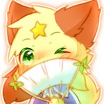 anthro female fur green_eyes holding_object kemono one_eye_closed solo wink yellow_body yellow_fur deaic yuexiaoxin_(deaic) canid canine fox mammal 1:1 icon low_res