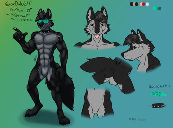 anthro blep collar eyewear gesture glasses hand_gesture looking_at_viewer male pointing smile solo spiked_collar spikes tongue tongue_out tuft wearing_glasses gardawolf canid canine canis mammal wolf absurd_res black_and_grey hi_res model_sheet monochrome