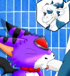 anthro anthro_on_anthro anthro_penetrated anthro_penetrating anthro_penetrating_anthro blue_body blue_scales blush bodily_fluids cum cum_in_mouth cum_inside drinking drinking_cum duo eyes_closed facial_markings fangs feathered_wings feathers fur genital_fluids genitals hair head_markings horn male male/male markings membrane_(anatomy) membranous_wings muscular muscular_anthro muscular_male oral oral_penetration orgasm orgasm_face penetration penile penile_penetration penis purple_body purple_fur purple_skin scales scar sex teeth tongue white_body white_fur white_hair white_penis wings sveemon bandai_namco digimon mythology alex_the_demon_magnamon foxy_the_dorumon demon demon_dragon digimon_(species) dorumon dragon furred_dragon furred_scalie magnamon mythological_creature mythological_scalie scalie x-digimon absurd_res digital_media_(artwork) hi_res