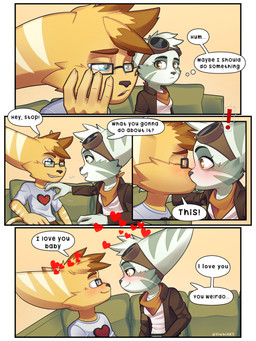 anthro blue_eyes blush bored dialogue duo eye_bags eyewear female fur glasses goggles green_body green_fur heart_symbol looking_at_another male male/female smile smiling_at_another speech_bubble surprise_kiss tickling white_striped_fur yellow_body yellow_eyes yellow_fur colrblnd ratchet_and_clank sony_corporation sony_interactive_entertainment hamish_turner_(ukz_james97) jade_gardiner lombax mammal 3:4 absurd_res comic hi_res watermark