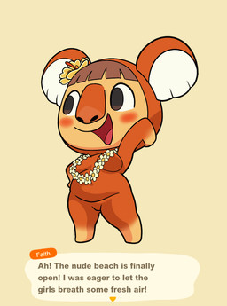 accessory anthro areola belly biped blush blush_stickers breasts brown_hair dialogue female flower flower_in_hair fur hair hair_accessory lei multicolored_body multicolored_fur nude nude_anthro nude_female nudist open_mouth open_smile orange_body orange_fur plant simple_background smile solo standing tan_background tan_body tan_fur text tongue white_inner_ear white_sclera impstripe animal_crossing nintendo faith_(animal_crossing) koala mammal marsupial vombatiform english_text hi_res