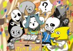 anthro bone clothed clothing group hair open_mouth skeleton studying text topwear white_body momo320 undertale undertale_(series) alphys gaster gaster_follower_1 gaster_follower_2 gaster_follower_3 sans_(undertale) temmie_(undertale) animated_skeleton bovid canid canine caprine felid feline mammal reptile scalie tem undead