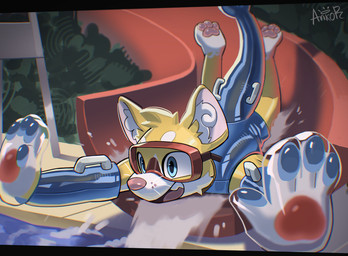 anthro biped blue_eyes clothed clothing detailed_background eyewear fur glistening goggles happy inflatable inner_ear_fluff latex male open_mouth open_smile orange_body orange_fur pink_eyes pink_nose smile solo teeth tuft whiskers white_body ankorthewolf air_(htodinth) canid canine fox mammal digital_media_(artwork) hi_res signature