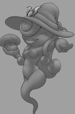 breasts clothing eyes_always_closed eyes_closed female fungus gesture ghost_tail gloves grey_background grey_body grin hair hand_gesture handwear hat headgear headwear legless long_hair mushroom navel nipples not_furry nude pointing poison_mushroom simple_background smile solo teeth billboi mario_bros nintendo paper_mario vivian_(mario) bat ghost mammal shadow_siren spirit 2017 monochrome traditional_media_(artwork)