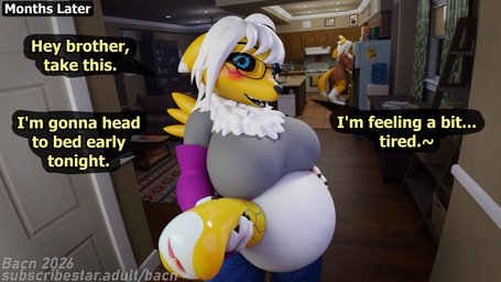 anthro belly big_belly big_breasts blush breasts clothed clothing detailed_background dialogue duo eyewear female genitals glasses hair hand_on_belly huge_breasts inbreeding looking_at_viewer offering_sex open_mouth penetrable_sex_toy portal_fleshlight pregnant pregnant_female presenting presenting_vulva sex_toy smile speech_bubble standing tail talking_to_viewer text thinking_with_portals topwear vulva white_body white_hair yellow_body bacn bacn_(modeler) bandai_namco digimon renny_(bacn) canid canine digimon_(species) fox mammal renamon 16:9 2026 3d_(artwork) 4k absurd_res blender_(artwork) blender_cycles_(artwork) digital_media_(artwork) english_description english_text hi_res widescreen brother_(lore) brother_and_sister_(lore) incest_(lore) mother_(lore) parent_(lore) sibling_(lore) sister_(lore)