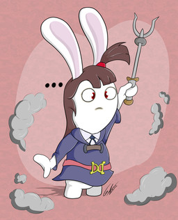 after_transformation alternate_species anthro belt belt_buckle blue_bow buckle closed_frown clothed clothed_anthro clothed_female clothing confusion dress ellipsis featureless_crotch featureless_legs female female_anthro frown furrification hair holding_object holding_wand light long_ears long_hair magic_user mitten_hands mouth_closed noseless pink_background pink_inner_ear purple_clothing purple_dress raised_hand red_belt red_eyes red_hair_tie short_legs simple_background smoke solo standing wand white_dress_shirt witch mrgametv1994 little_witch_academia raving_rabbids rayman_(series) studio_trigger ubisoft atsuko_kagari lagomorph mammal rabbid 2021 absurd_res cel_shading colored crossover digital_drawing_(artwork) digital_media_(artwork) english_description hi_res lighting shaded signature