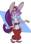 anthro bandeau belly_dancer clothed clothing cosplay crossover_cosplay female footwear fur grey_body grey_fur hair harem_pants long_hair looking_at_viewer midriff multicolored_body navel ponytail purple_eyes shoes simple_background slippers smile solo standing topwear two_tone_body tggeko disney shantae_(series) wayforward zootopia judy_hopps lagomorph leporid mammal rabbit 2019 crossover