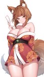 asian_clothing blush breasts brown_hair cleavage clothed clothing east_asian_clothing female hair japanese_clothing kimono panties solo underwear suruga_(xsurugax) animal_humanoid canid canid_humanoid canine canine_humanoid fox_humanoid humanoid mammal mammal_humanoid absurd_res hi_res