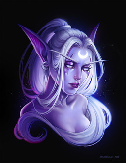 black_background blue_body blue_breasts blue_eyes blue_skin breasts cleavage clothed clothing crescent_moon_(marking) crescent_moon_ear_piercing ear_piercing eyebrows eyelashes facial_markings female female_humanoid glowing glowing_markings grey_eyebrows grey_hair grey_hair_tie hair half-closed_eyes head_markings humanoid_pointy_ears light lips long_eyebrows long_hair markings moon_(marking) mouth_closed narrowed_eyes no_pupils piercing pointy_ears ponytail purple_eyelids purple_lips purple_markings simple_background solo sparkles text white_markings marie_gelebart blizzard_entertainment warcraft elf humanoid night_elf 2024 absurd_res adobe_photoshop_(artwork) artist_name bust_portrait colored digital_drawing_(artwork) digital_media_(artwork) english_description hi_res lighting portrait shaded