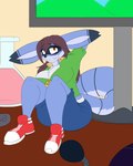 anthro blue_body blue_fur blush bottomwear breasts brown_hair clothing female fur furniture hair hand_behind_head jacket long_hair micro on_table potion shorts solo table topwear foxfencer malkai_(malkaiwot) 4:5 absurd_res hi_res