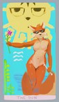 anthro arrow_(weapon) biped black_nose card card_template cheek_tuft eyewear facial_tuft female flower fortune_telling front_view fur hair holding_arrow holding_flower holding_object major_arcana navel orange_body orange_ears orange_fur orange_hair orange_tail plant ranged_weapon short_hair solo sun sunglasses tail tan_body tan_ears tan_fur tan_tail tarot tarot_card teeth the_sun_(tarot) tuft weapon oselotti blott mammal rodent sciurid tree_squirrel hi_res