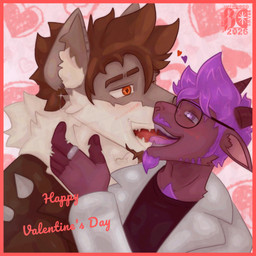 anthro black_clothing black_shirt black_topwear blush blush_lines body_hair border brown_body brown_fur brown_hair cheek_tuft chest_hair clothing coat detailed_fur duo ear_piercing ear_scar ears_up eyebrows eyewear facial_hair facial_tuft fluffy_ears fluffy_mane framed_picture french_kissing fur glasses goat_ears goatee grabbing_fur grey_body grey_fur hair heart_pupils heart_symbol holidays horizontal_pupils horn jacket jewelry kissing leather leather_clothing leather_jacket leather_topwear lights love male male/male mane mustache neck_tuft orange_eyes pattern_background piercing pupils purple_eyes purple_hair purple_tongue raincoat red_tongue ring romantic romantic_ambiance romantic_couple scar shadow sharp_teeth shirt side_view silver_(metal) silver_jewelry silver_ring simple_background size_difference sleepy_eyes spines teeth text tongue topwear tuft two_tone_hands wearing_glasses white_body white_fur brunisdraws valentine's_day brunis_(brunisdraws) redrich_(brunisdraws) bovid canid canine canis caprine hybrid mammal mexican_wolf sheep-goat wolf 2026 detailed hi_res shaded signature