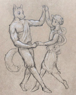 anthro bottomwear clothing dancing duo ears_up eyebrows fur hand_holding horn looking_at_another looking_at_partner male male/male muscular muscular_anthro muscular_male pants robe tail wool_(fur) reynard_goodfellow reynard_the_baa bovid canid canine canis caprine mammal sheep wolf