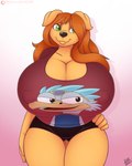 anthro big_breasts bottomwear breasts cleavage clothed clothing female fur green_eyes hair huge_breasts nipple_outline orange_hair shorts simple_background smile solo stretched_shirt topwear drxii canid canine canis domestic_dog mammal 2021 4:5 absurd_res digital_media_(artwork) hi_res