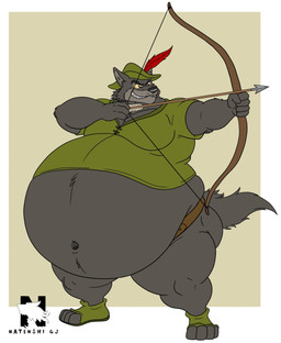 anthro arrow_(weapon) belly belt big_belly bottomless bottomless_anthro bottomless_male bow_(weapon) clenched_teeth clothed clothing cosplay costume fangs feathers footwear fur green_clothing green_hat green_headwear green_shirt green_topwear green_tunic hat hat_feather headgear headwear holding_bow_(weapon) holding_object holding_ranged_weapon holding_weapon inner_ear_fluff loose_feather male morbidly_obese navel obese obese_anthro obese_male overweight overweight_anthro overweight_male ranged_weapon shirt shoes smile solo standing tail teeth toeless_footwear topwear tuft tunic underbite weapon zangokunatenshi disney robin_hood_(disney) sheriff_of_nottingham canid canine canis mammal wolf 2025 hi_res signature