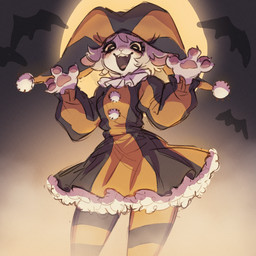 anthro black_clothing black_eyes blonde_hair clothing creepy creepy_smile fangs female fool's_hat fur hair hat headgear headwear holidays jester jester_outfit leggings legwear looking_at_viewer looking_down looking_down_at_viewer low-angle_view messy_hair open_mouth open_smile orange_clothing pawpads paws pupils short_hair smile solo standing teeth white_body white_fur white_hair white_pupils yandere yellow_eyes yellow_sclera tateoftot halloween bovid caprine goat mammal 1:1 hi_res
